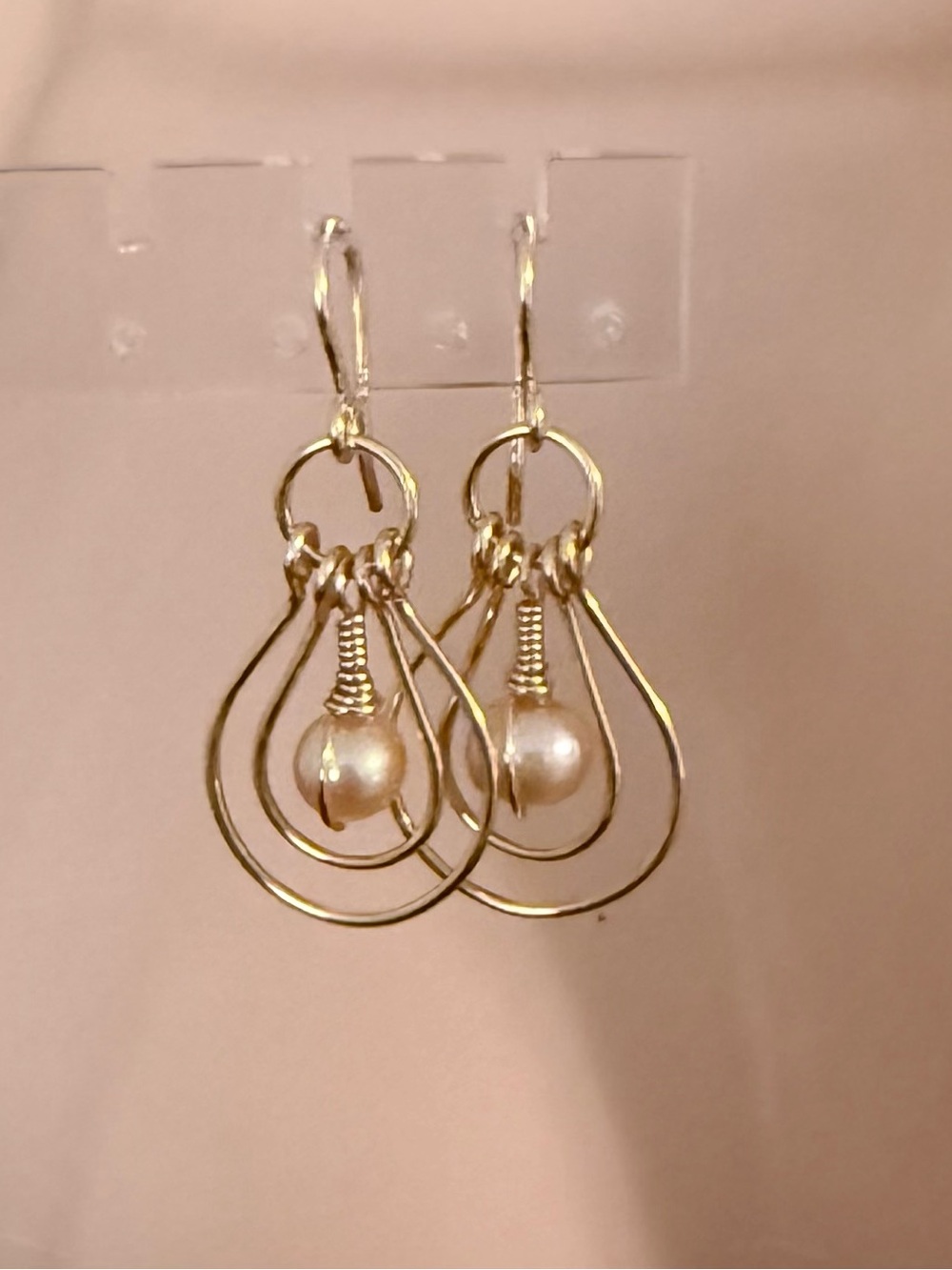 Double Nested Gold Teardrop Hoops Dangle Earrings with Pearl Accents
